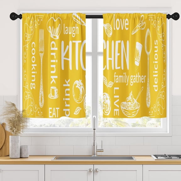 Yellow Kitchen Curtains 36 Inch Length Modern Window Curtains Over Sink Set of 2, White Kitchen Doodle Short Tier Curtain for Kitchen, Abstract Art Small Kitchen Decor
