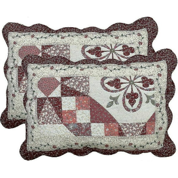2-piece Boho Cotton Quilted Bed Pillow Shams Floral Printed Patchwork Pillow Shams Set, Standard Size (606 Red, 20"x28")-In stock