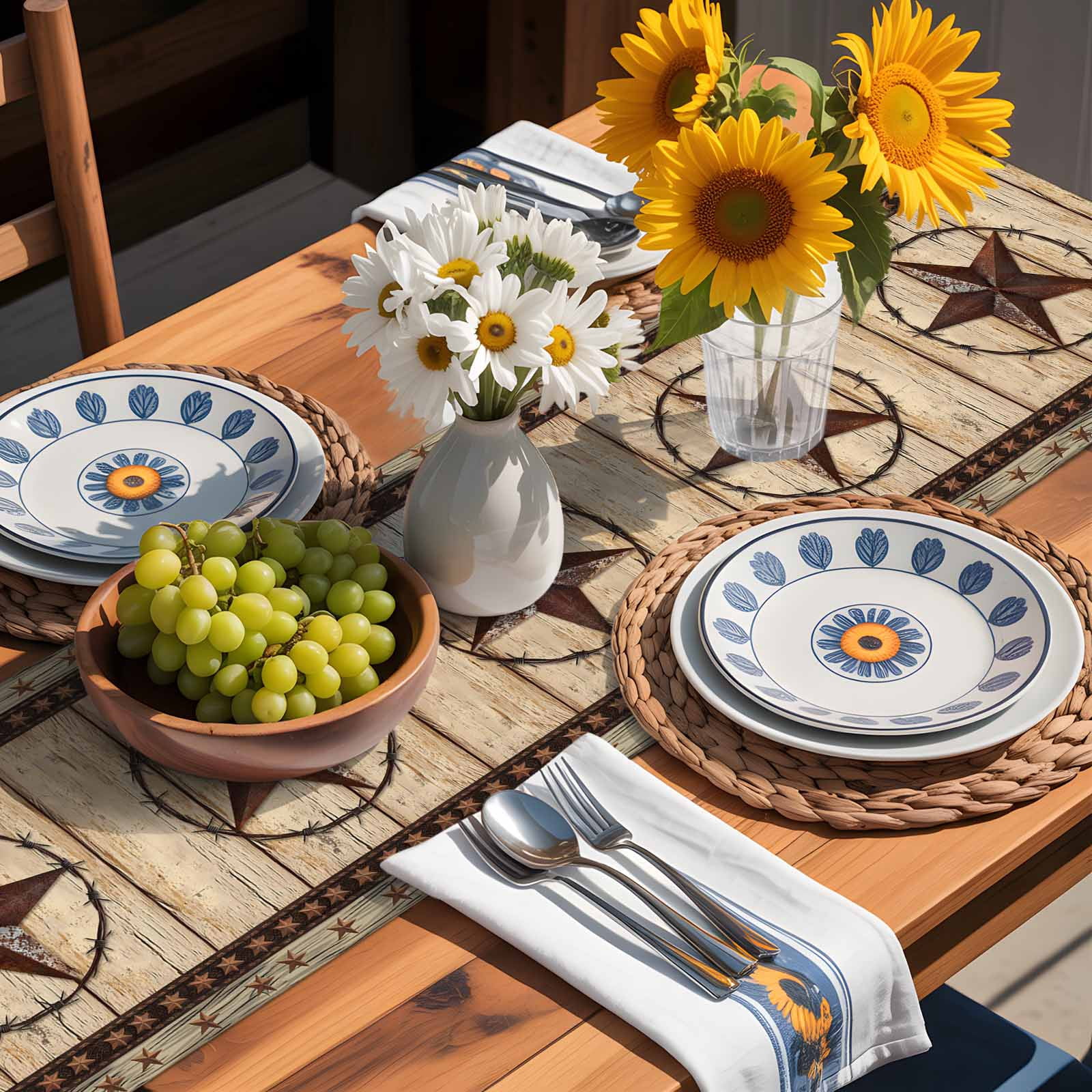 Retro Rustic Texas Country Star Table Runner 90 Inches Long, Farmhouse Vintage Wood Barn Table Runners Tabletop Scarf Kitchen Dining Tables Decoration for Home Party Indoor Outdoor