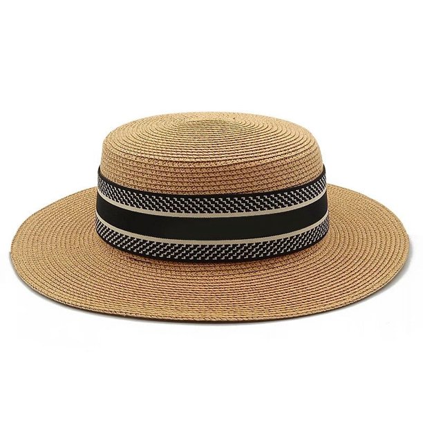 Sombrero de paja tejido de ala ancha para mujer, sombrero plano Retro, cinta de protección solar, playa, vacaciones, Verano