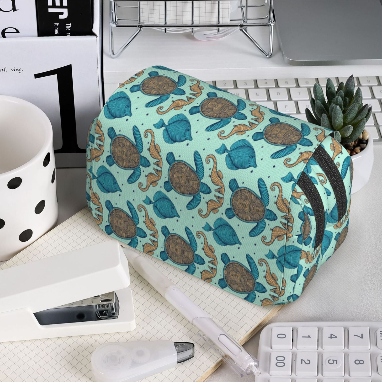 Rateoe Turtles And Seahorses Pattern Double Clamshell Pen Case, Storage Organizer with Two Zipper Compartments– Holds Up to 50 Pencils & Pens