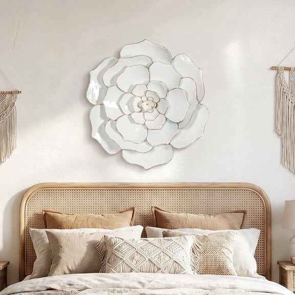 Langford Home 25" Bloom Metal Floral Wall Art Decor, White Gold