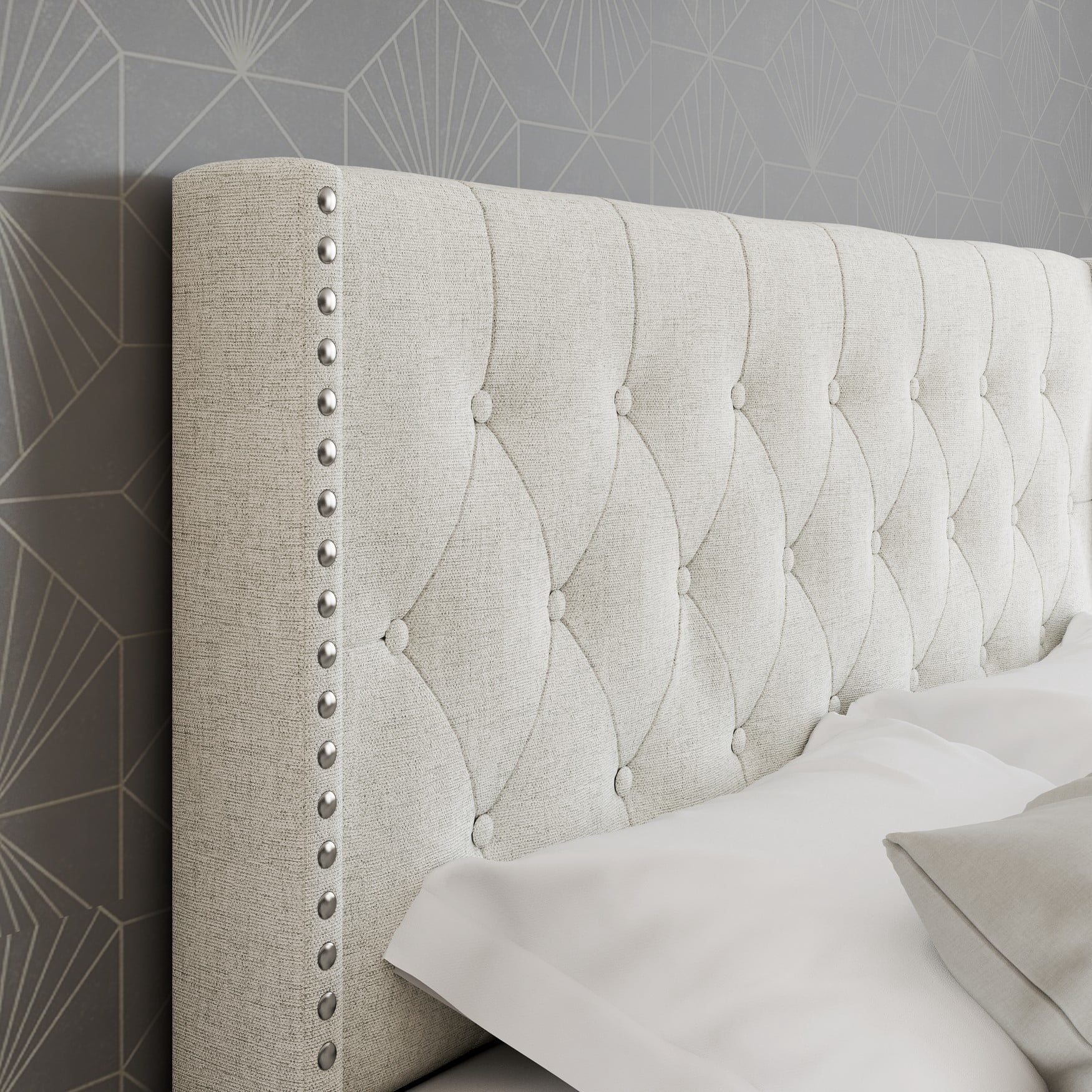 Boyd Sleep Mia Off White Linen King Size Fully Upholstered Platform Bed Frame with Tufted Headboard
