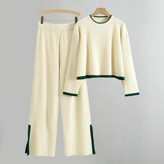 Fall Outfits Set for Women Dressy, Women's Fashion Casual Long Sleeve Round-Neck Blouses Shirts Sets New Casual 2 Piece Outfits for Women Beige One Size