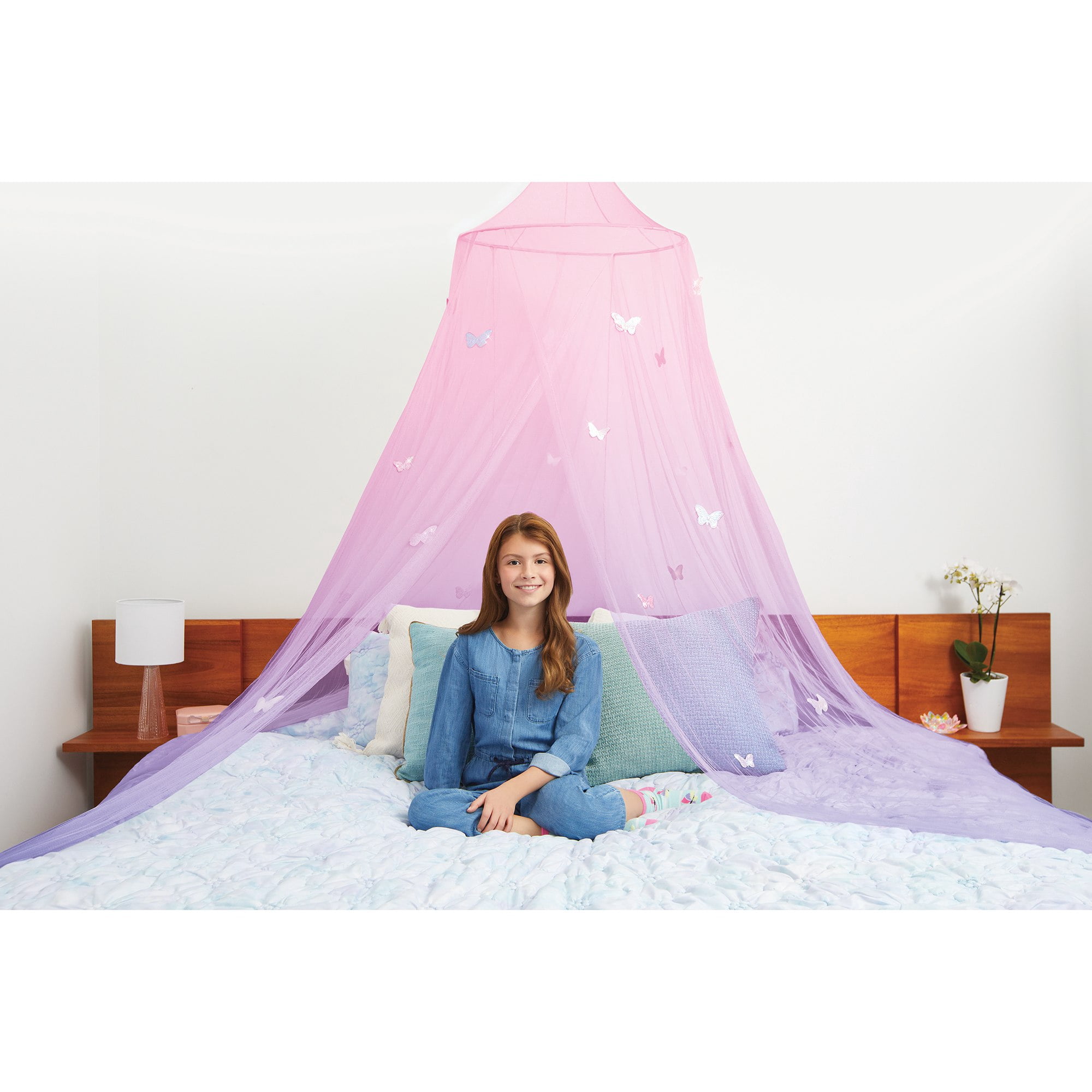 Three Cheers for Girls: Butterfly Ombre Bed Canopy - Pink & Purple Shimmering Butterflies, Bedroom Accessory, Fits Twin/Full/Queen, Kids Ages 6+