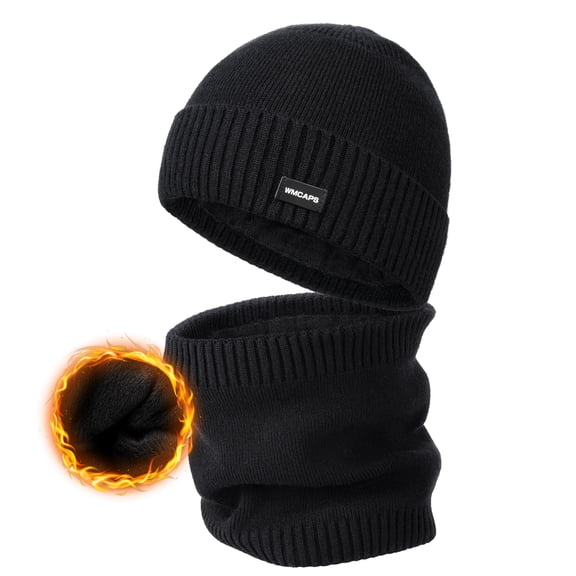 WMCAPS Unisex Fleece Lined Beanie & Scarf Set Gifts for Men Women, Thick Fleece Warmer Neck Face Scarf Set, Stocking Caps with Scarf (Black)