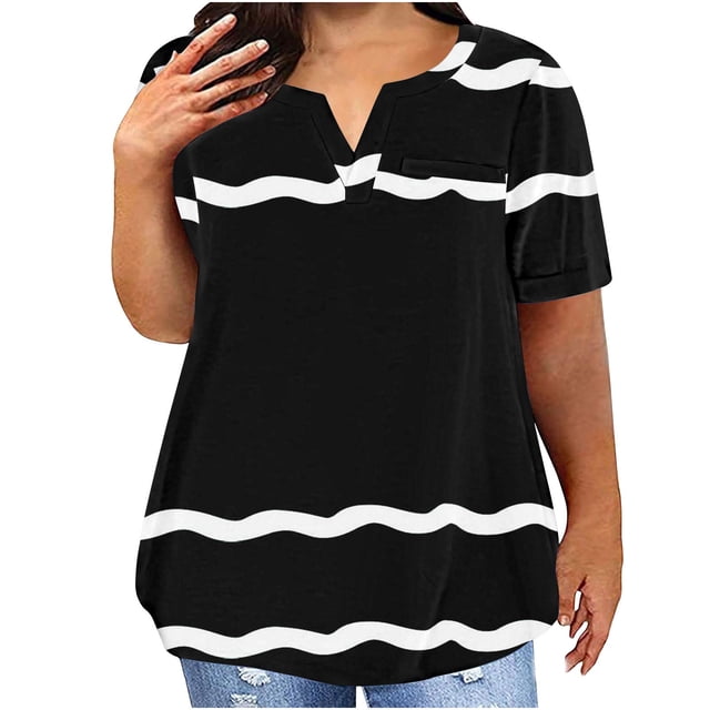 Plus Size Mujeres Blusas Cuello en V Casual Suelto Verano Blusa de Manga Corta para el Uso Diario Y Casual