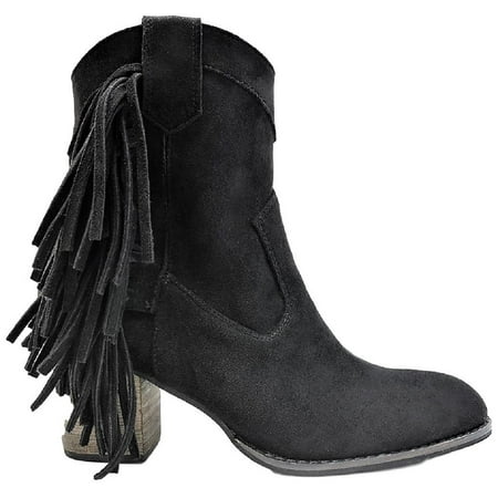 Ivanna-02 Women Western Fringe Side Zipper Block Heel Ankle Boots Black