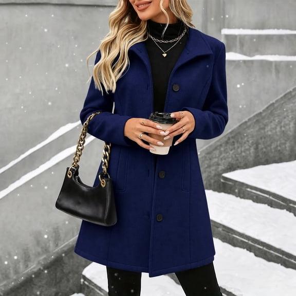Afelkas Women Winter Peacoat Mid Length Single Breasted Notch Lapel Warm Coat with Pockets