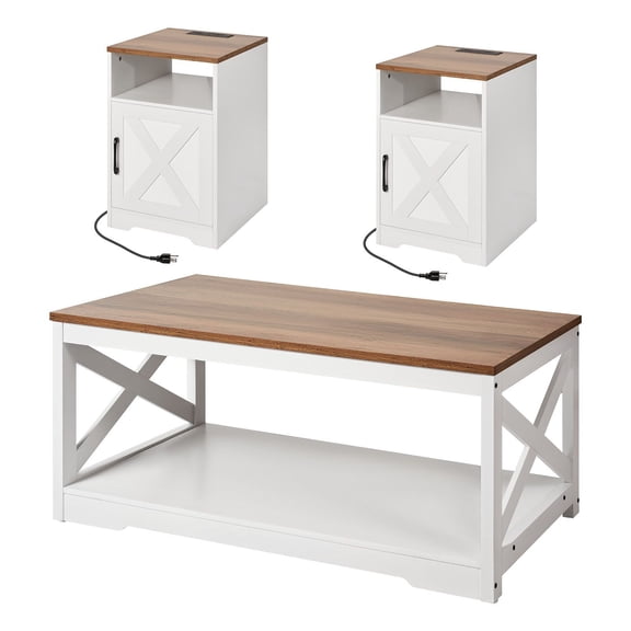 3 Piece Farmhouse Coffee Table Set with 40 Inch Industrial Table and 2 Side Tables, Easy Assembly with Charging Station for Living Room and Office