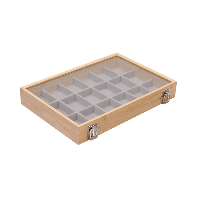 Bandeja organizadora de pendientes Bandeja organizadora de joyas de madera Caja de joyería apilable para 18 Rejillas Gris
