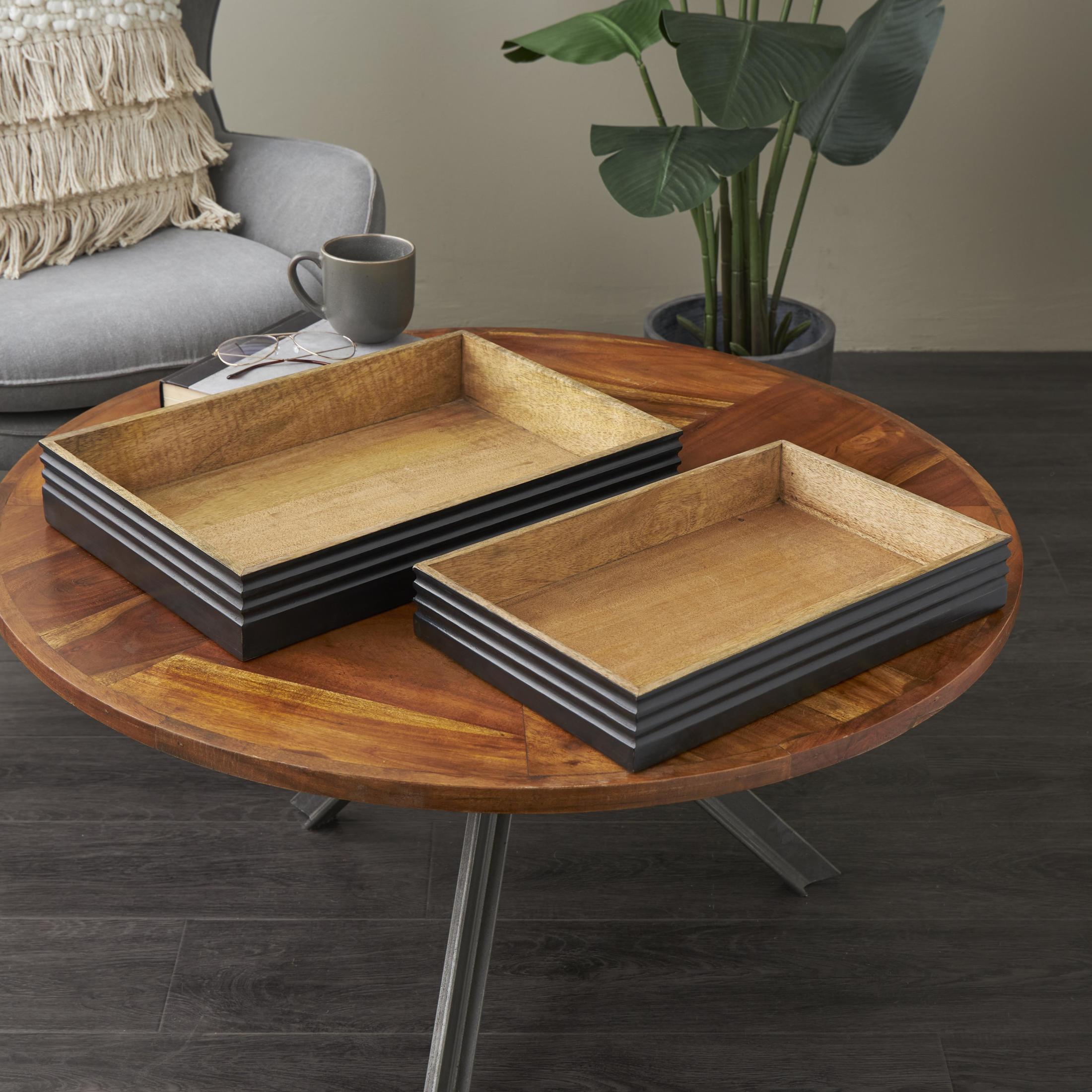DecMode 18", 16"W Brown Mango Wood Handmade Tray with Black Groove Exterior, 2-Pieces