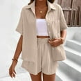 thumbnail image 4 of Maplenight Women's 2 Piece Outfits Lapel Long Sleeve Button Down Shirts and Drawstring Shorts Sets Casual Lounge Vacation Summer Sets, 4 of 9