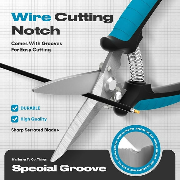 DASAW-8" Scissors All Purpose Heavy Duty - Razor-sharp Tin Snips for Sheet Metal, Electrical Wires, Insulation, Ropes, Cardboard | Electrician Tools with Cable Notch, Ergonomic Grip | DIY Scissors
