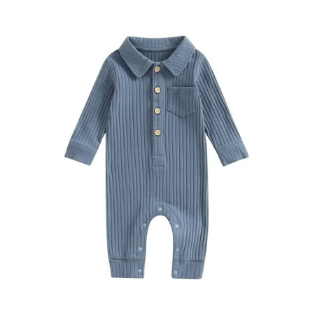 

Baby Boys Girls Ribbed Rompers Infant Solid Color Lapel Long Sleeve Jumpsuit with Pocket