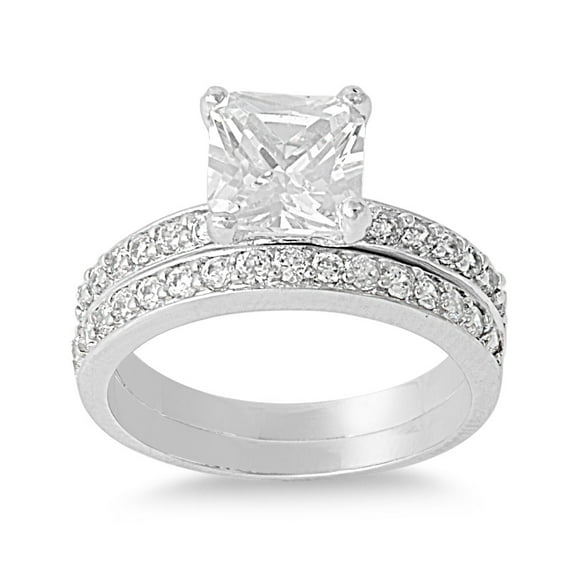 Set of 2 Princess Cut Center Cubic Zirconia Ring Sterling Silver 925