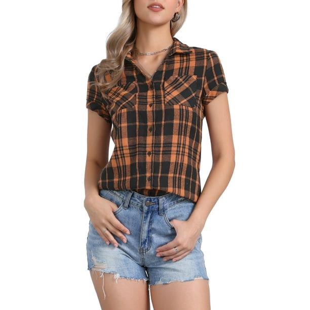 Camisas de cuadros para mujer Inspire Chic, con cuello de punta y botones, en negro y naranja