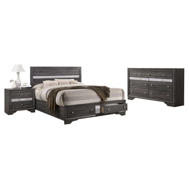 Gray and Silver Wood 3pc Cal King Set with Jewelry Storage Drawers