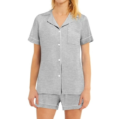 

GESJQFZ Women Lapel V Neck Buttons Solid Color Pocket Pajama Shorts Nightwear Set