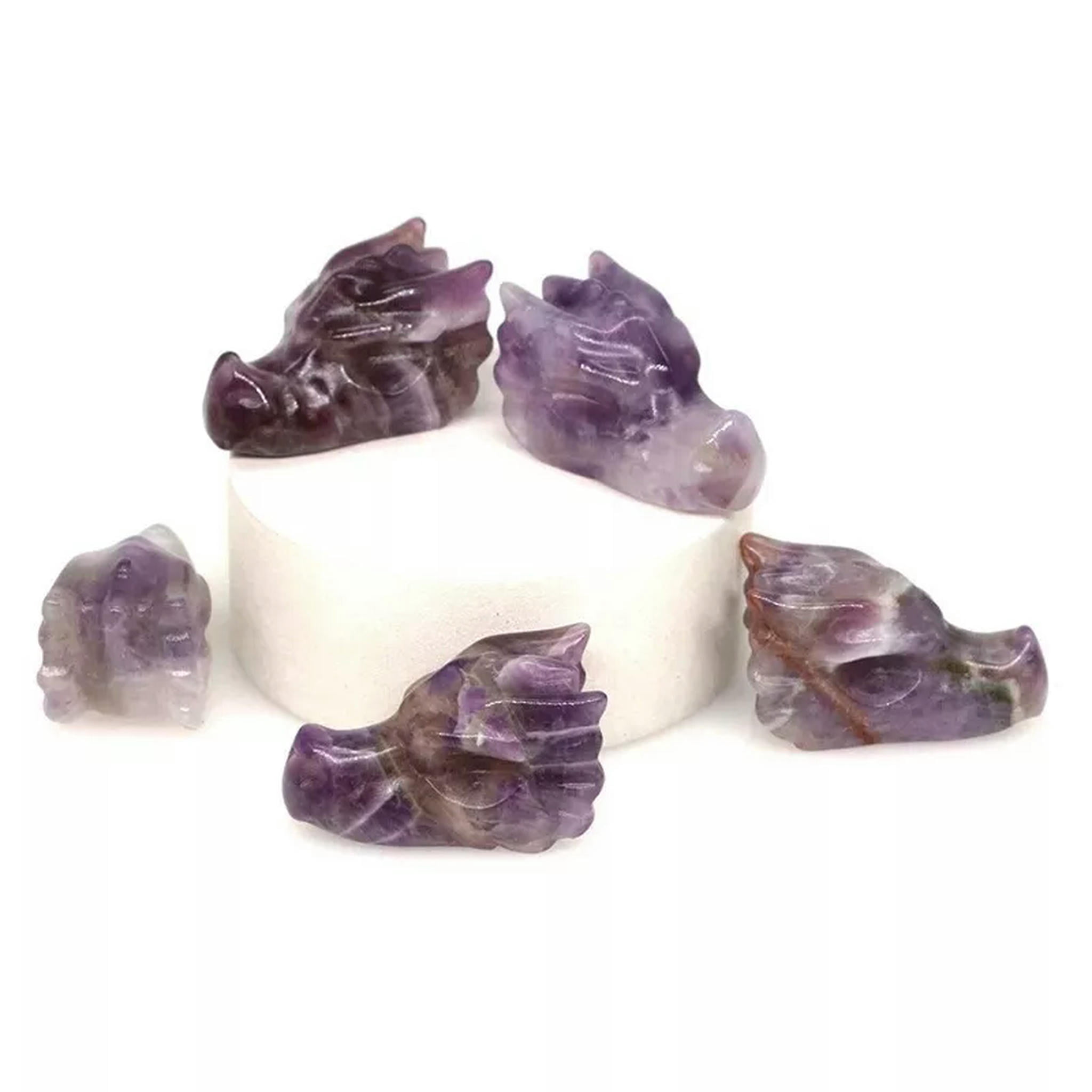 EOEMY 10Pcs Natural Amethyst Quartz Crystal Dragon Head Skull Carved Vivid Loong Decor