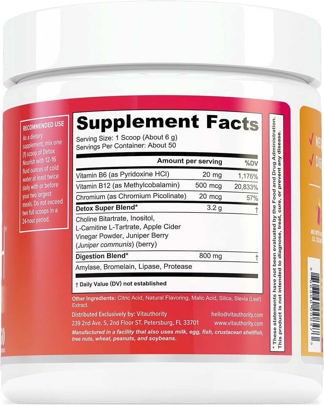 Vitauthority Detox Nourish Dietary Supplement Powder, Metabolism Support & Digestion Aid, Watermelon, 10.9 oz