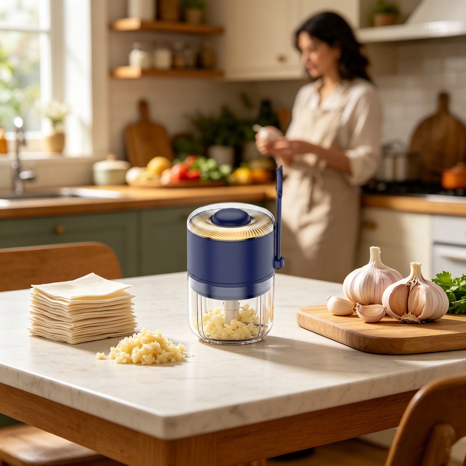 Wireless Garlic Chopper with Stainless Steel Blades Cordless Electric Mini Food Processor USB Rechargeable Kitchen Gadgets for Garlic Onion Veggies Home Kitchen and Travel