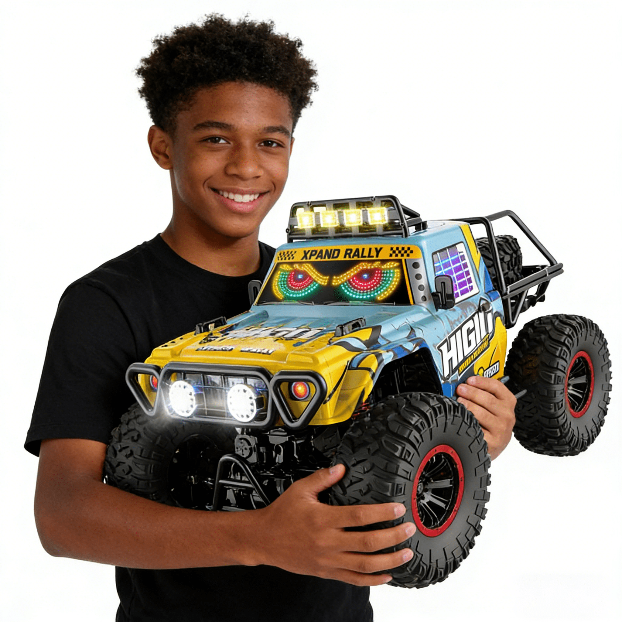 HNH 1:10 Rock Crawler with LED Screen, off-Road Remote Control Car for Kids, 4WD Rc Car Monster Truck with 2 Batteries
