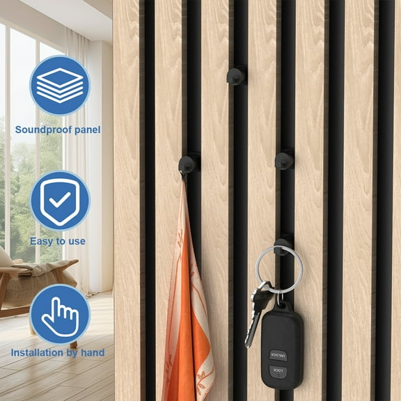 8 Pack Black Acoustic Panel Wall Hooks, Decorative Wall Hooks Screw in Sound Panel and Wood Slats, 0.5 in Metal Hanger for Hanging Coat, Hat, Towel, Backpack, Bags, Purse