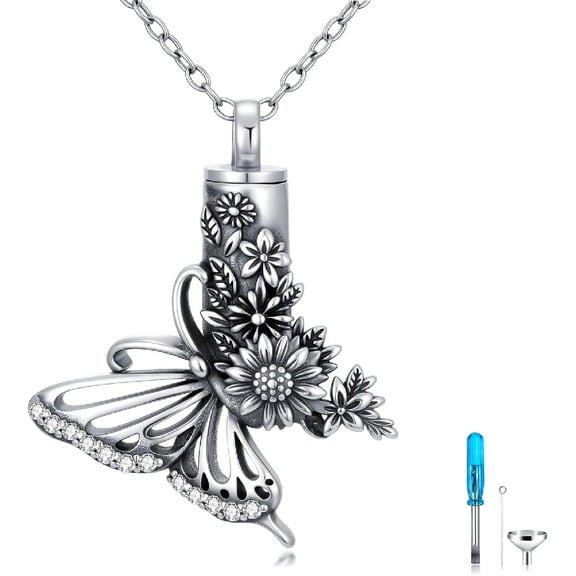 CACA LADY Butterfly Urn Necklace for Ashes 925 Sterling Silver Butterfly Sunflower Memorial Pendant Cremation Keepsake Necklace for Ashes Jewelry Memorial Gifts for Women Loss Loved One