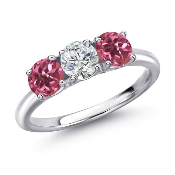 Gem Stone King 925 Sterling Silver Lab Grown Diamond and Pink Tourmaline Engagement Ring for Women | 1.54 Cttw | Round 5MM | Gemstone April Birthstone | Size 7