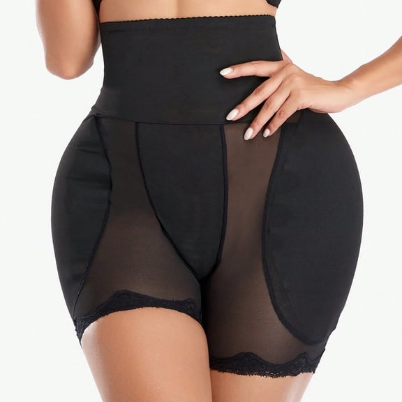 Women High Waist Tummy Control Shape Panties, Lace Trim Mesh Butt Lifter Underwear with Foam Hip Pads, Breathable for Daily Office Wedding Party