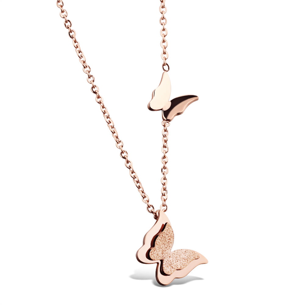 Rose Gold His Black Tone Stainless Steel Butterfly Heart Pendant Necklace 