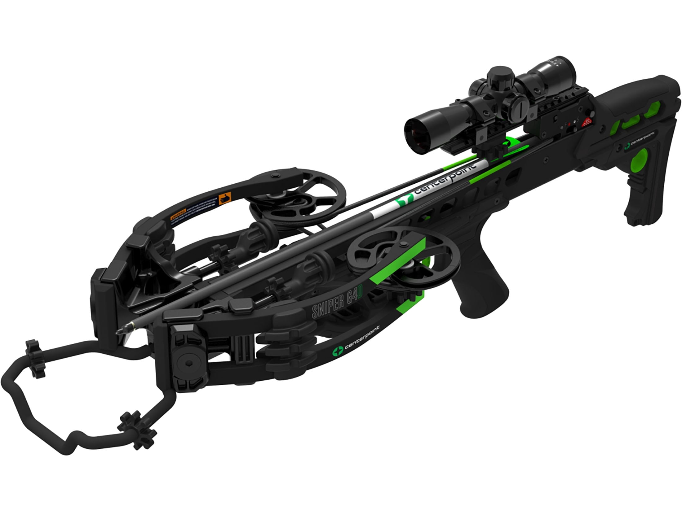 Centerpoint Sniper G4D Crossbow, 400 FPS, 4x32mm Illuminated Scope, Adjustable Stock, Whisper Silencing, Detachable Silent Crank, Includes 20 Carbon Arrows, Quiver, Rope Cocker (C0020)