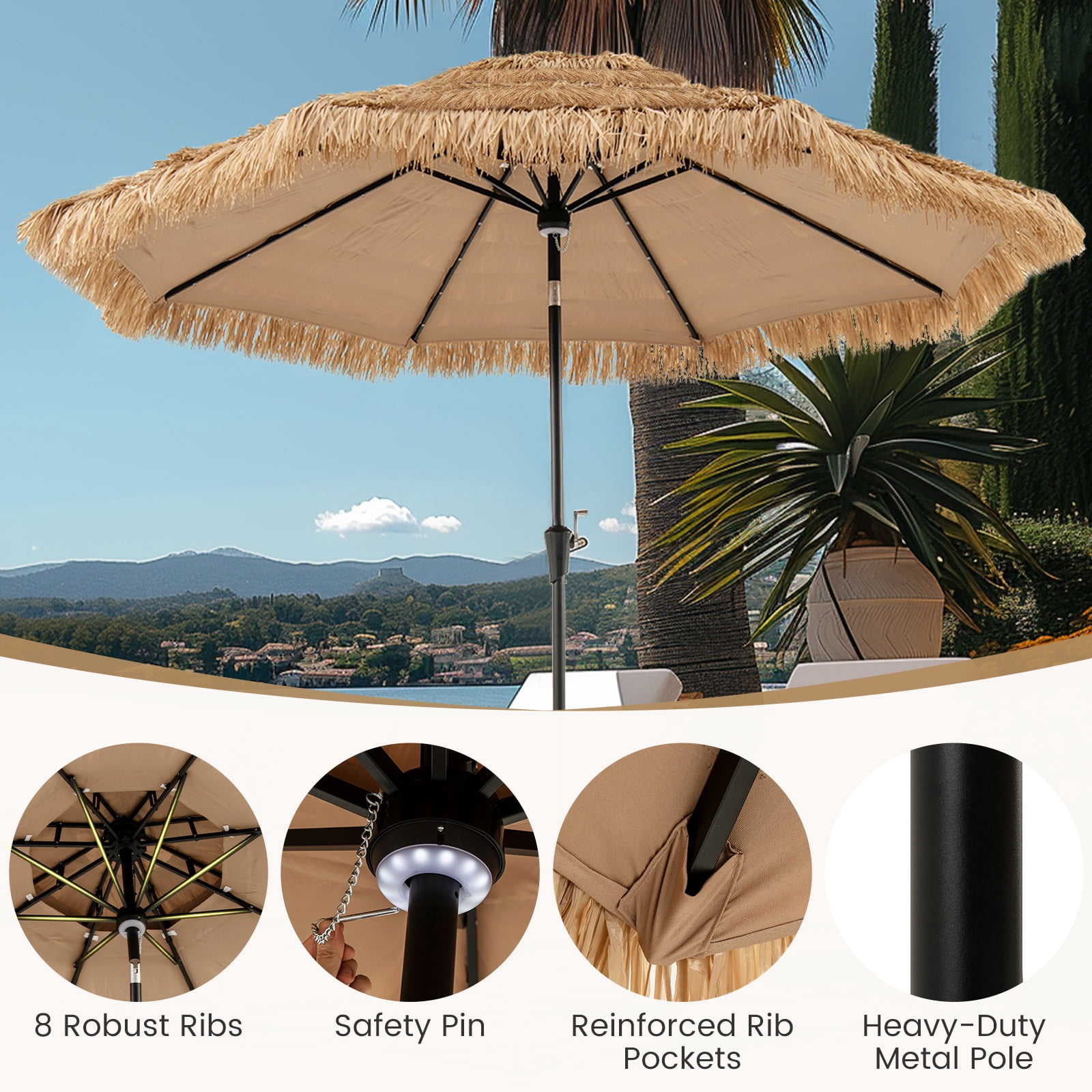 Gymax 10 FT Hula Thatched Tiki Umbrella 2-Tier Hawaiian Style Solar Patio Umbrella