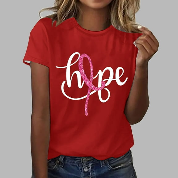 Luxalzxs Breast Cancer T Shirts for Women Short Sleeve Round Neck Pink Ribbon Hope Letter Print Cancer Awareness Tee Tops Cancer Survivor Gifts Casual Inspirational Tops