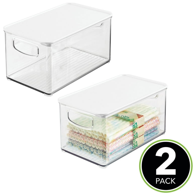 mDesign Large Plastic Stackable Kitchen Storage Box, Handles, Lid, 2 Pack,  Clear
