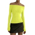 thumbnail image 1 of FAIWAD Women Off Shoulder Crop Tops Long Sleeve Slim Stretch Ruched Solid Color Pullover Tops, 1 of 5