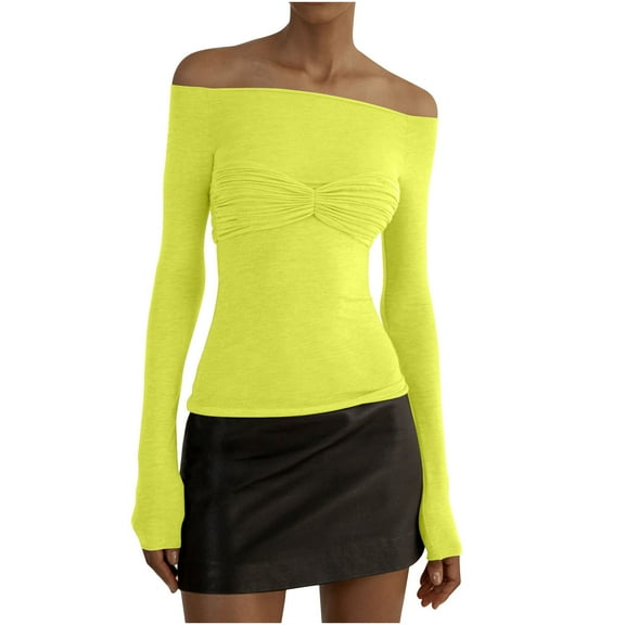 Perfectbot Womens Off Shoulder Shirt Long Sleeves Twisted Ruched Tops Slim Fit Going Out Blouse