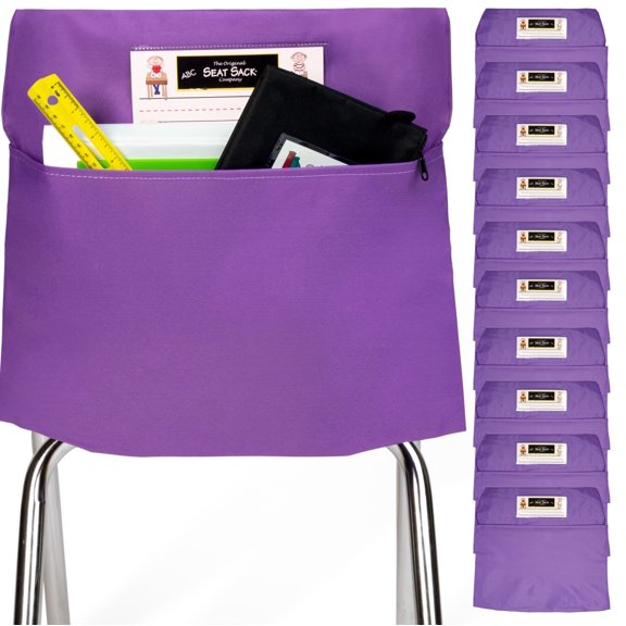 Seat Sack Student Chair Storage Pocket - 15", Single Pocket, Classroom Organizer for Student Desks, Durable Over-the-Chair Storage, Purple, 10-Pack