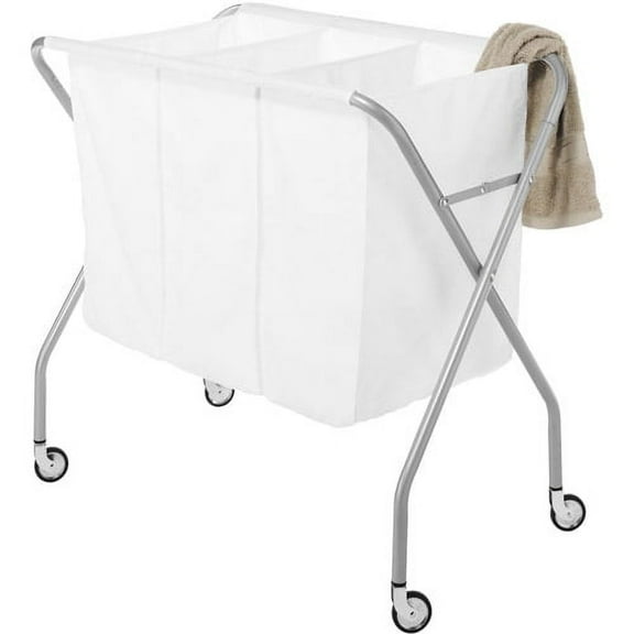 Whitmor 3 Section Heavy Duty Metal Collapsible Laundry Sorter with Canvas Bag Silver & White, Adult