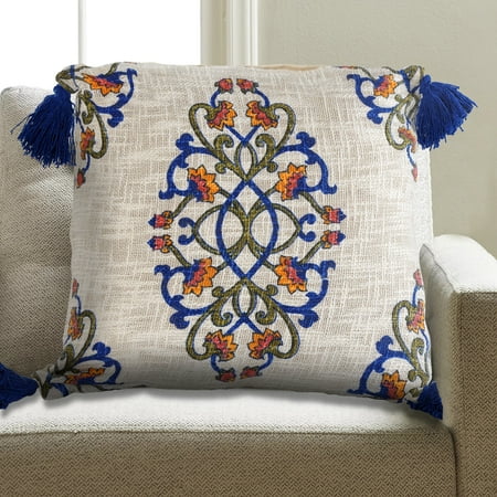 - LR Home Lattice Floral Medallion Designed Corners Royal Blue 18 inch Cotton Decorative Throw Pillow