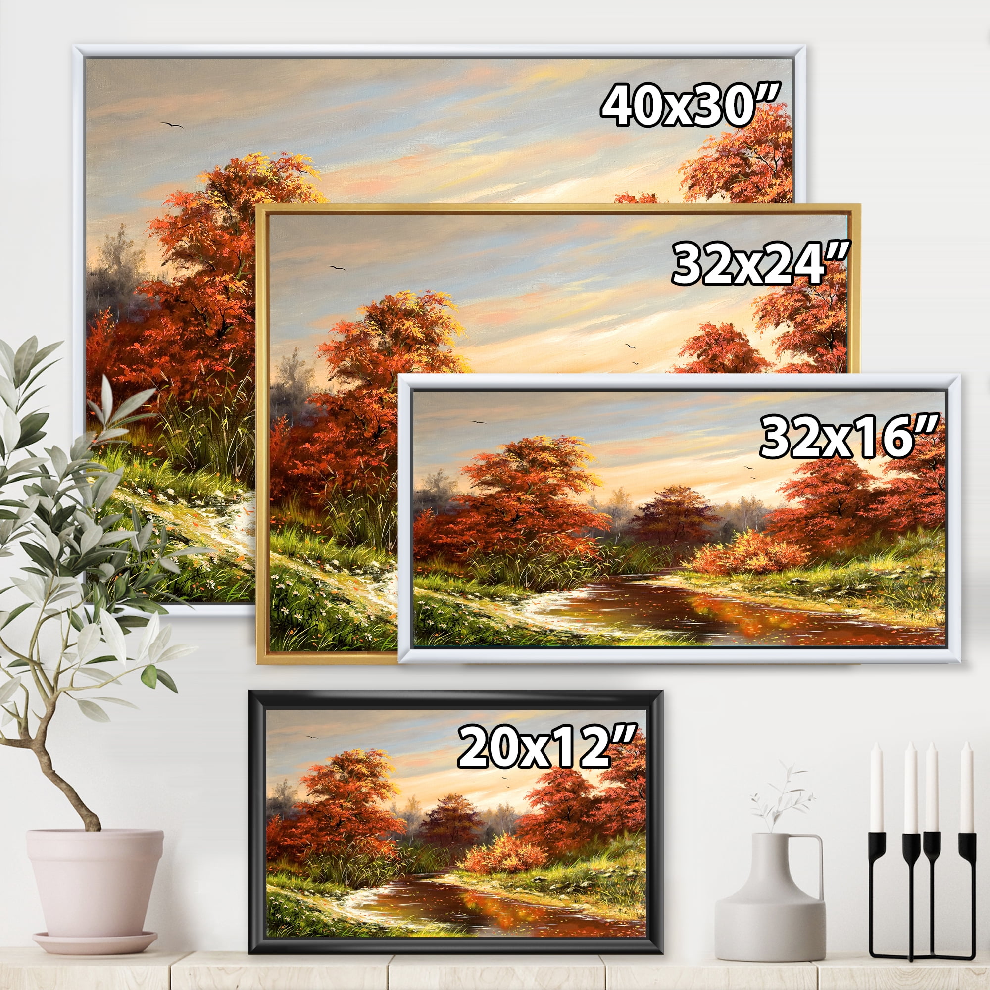 Designart 'The Wood River On A Decline In An Orange Autum Summer' Lake House Framed Canvas Wall Art Print