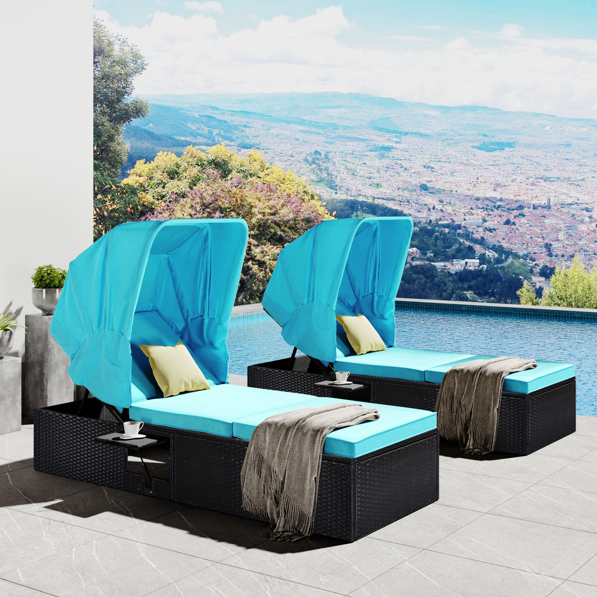 Outdoor PE Wicker Chaise Lounge, SYNGAR 2 Pieces Adjustable Reclining Chairs W/ Canopy and Cup Table, Patio Sun Lounger Set with Removable Cushion, Chaise Set for Poolside Garden Porch, Blue, D8760 - image 1 of 12