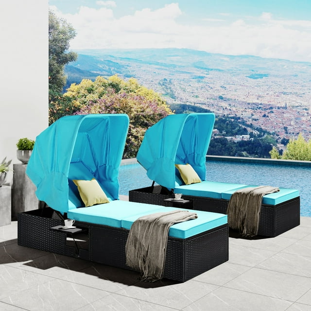 Outdoor PE Wicker Chaise Lounge, SYNGAR 2 Pieces Adjustable Reclining Chairs W/ Canopy and Cup Table, Patio Sun Lounger Set with Removable Cushion, Chaise Set for Poolside Garden Porch, Blue, D8760