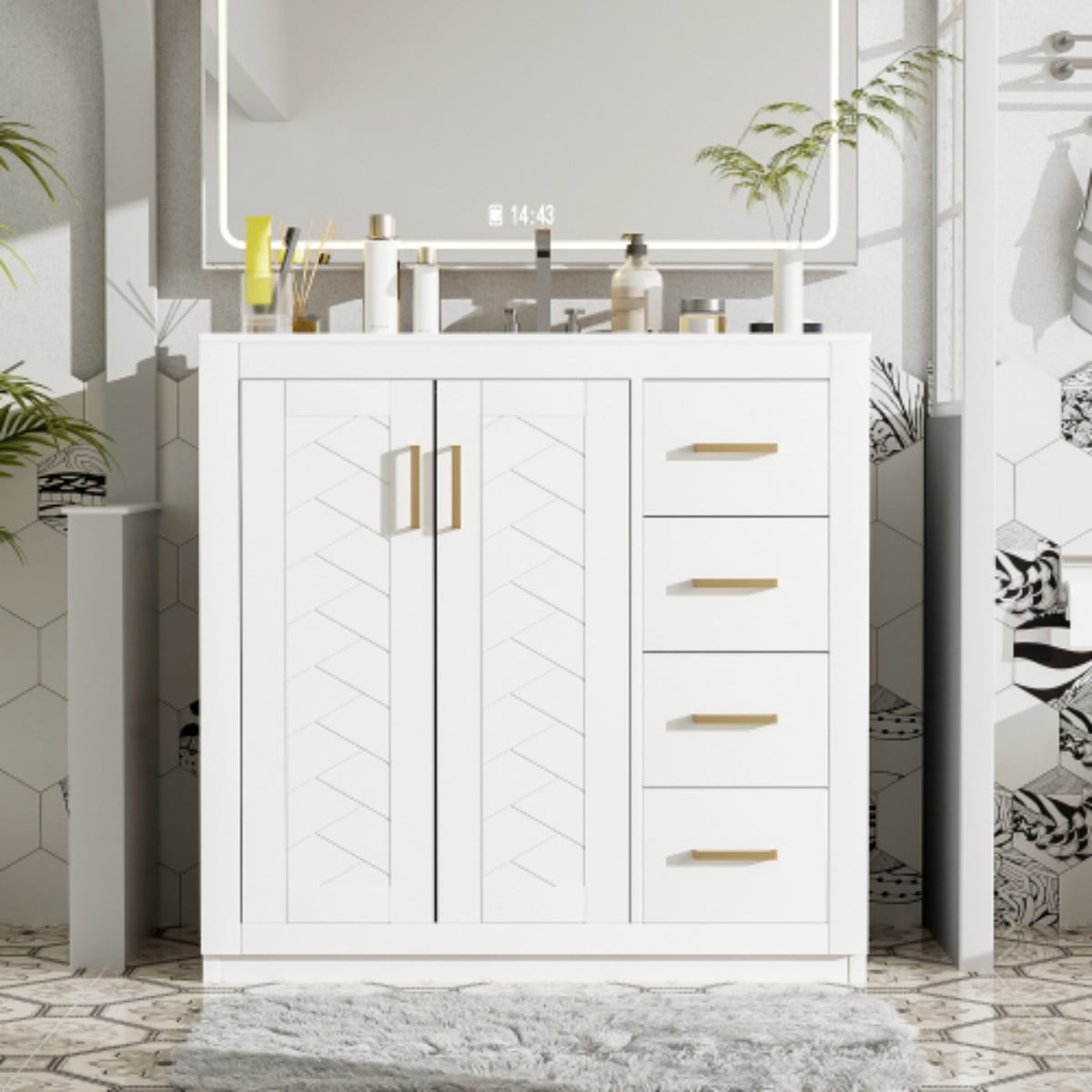 36" Bathroom Vanity with Ceramic Sink Combo, Freestanding Bathroom Vanity with 3 Drawers, 2 Doors, Solid Wood Frame, White