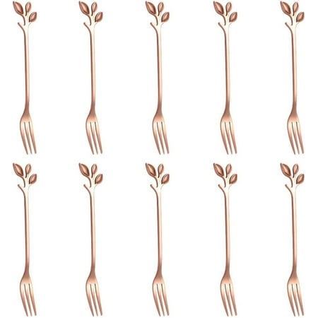 

10 Pcs Stainless Steel Rose Gold Leaf Creative Appetizer Cake Fruit Forks Set 4.7 Inches Tasting Dessert Forks Kitchen Accessory Wedding Party (Rose Gold-10Forks)