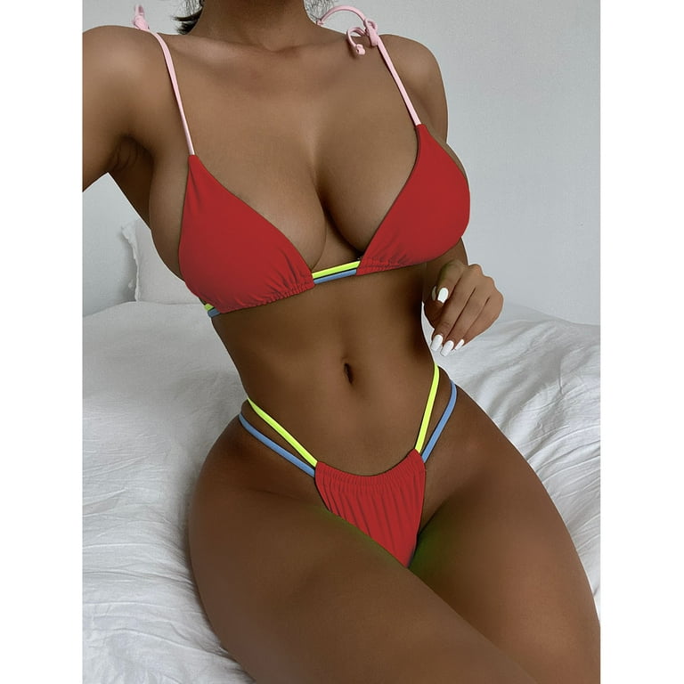 Ecqkame Women Two Piece Halter Padded Top Tie Side Bottom Triangle Bikini  Brazilian Bathing Suit Sexy Bikini Set Red S Clearance Items