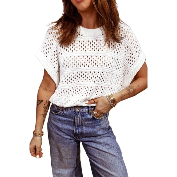 Women's White Hollow Out Knit Dolman Sweater – Casual Round Neck Short Sleeve for Summer Style | XL