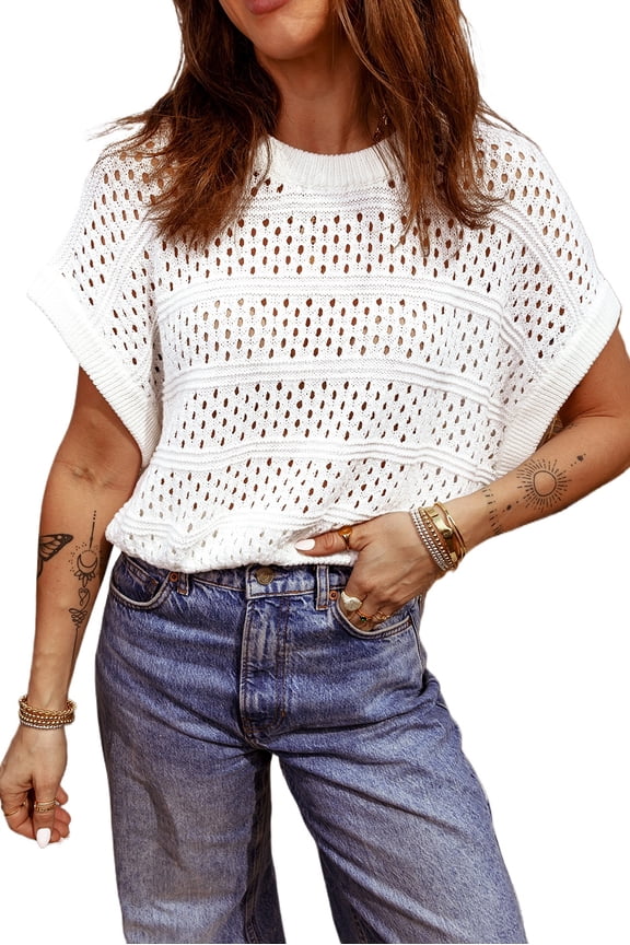 Women's White Hollow Out Knit Dolman Sweater Casual Round Neck Short Sleeve for Summer Style | XL