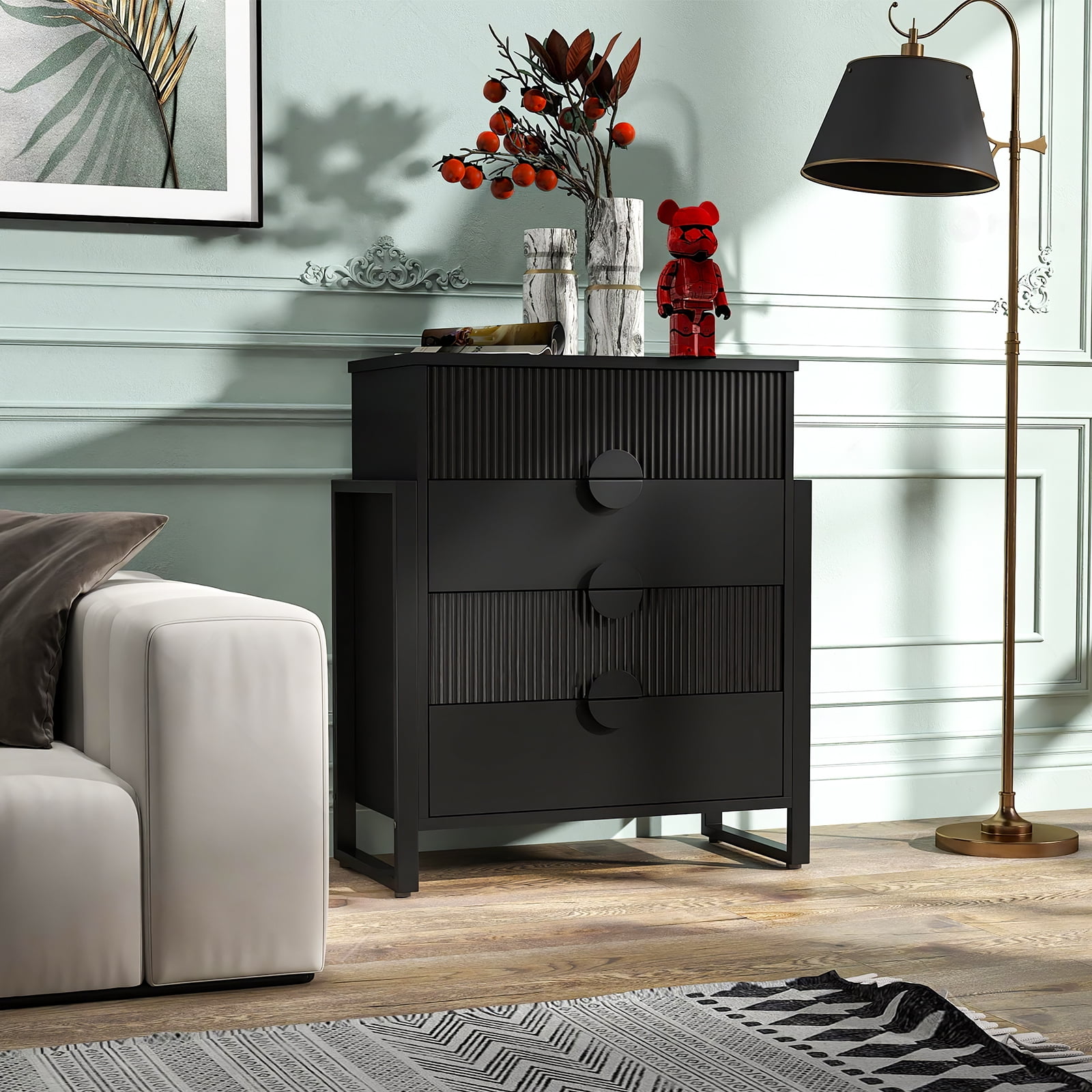 Holliwill 4 Drawer Dresser for Bedroom, Tall Fluted Dresser Chest of Drawers for Living Room, Hallway, Black